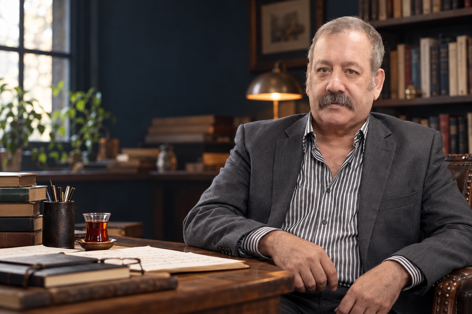 Porträt des Schriftstellers Sırrı Ayhan an seinem Schreibtisch
